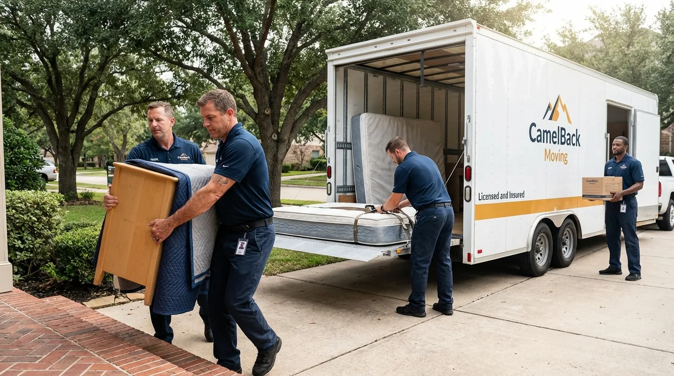 Crew loading residential truck for cross-state move from Monroe, WI