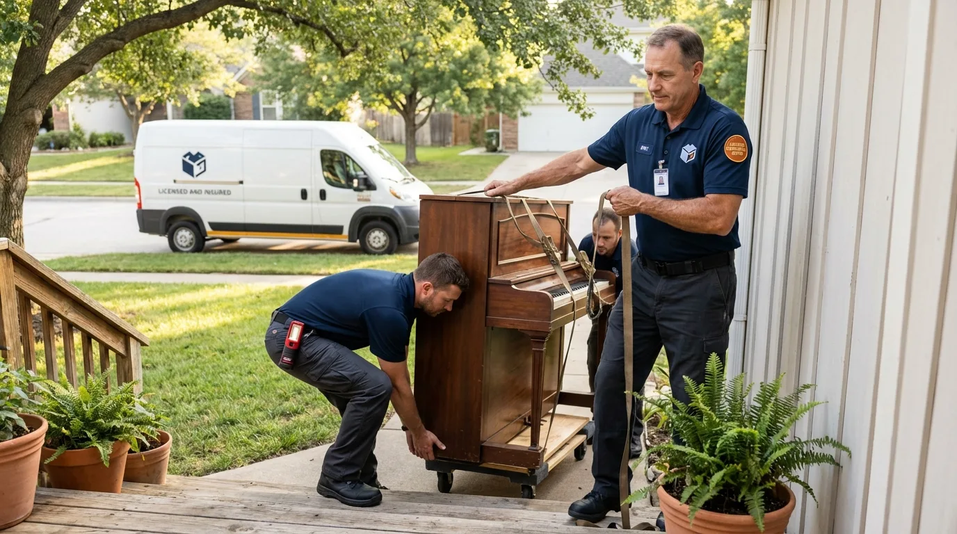 Licensed piano movers securing grand piano in Monroe, WI