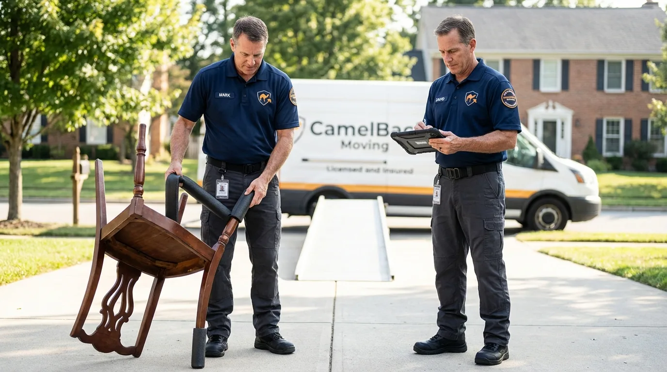 Movers inspecting furniture for damage prevention before loading in Monroe, WI